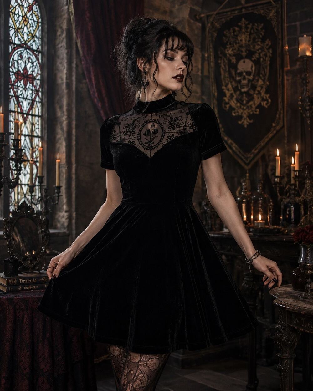 Disturbia Blk Velvety Goth Skater Dress 4 Mesh Victorian Floral Yoke Mock Neck